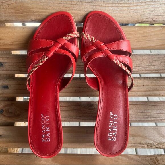 Franco Sarto Red Leather Braided Strap Wedge Sandals | Size 8.5M - Picture 3 of 10